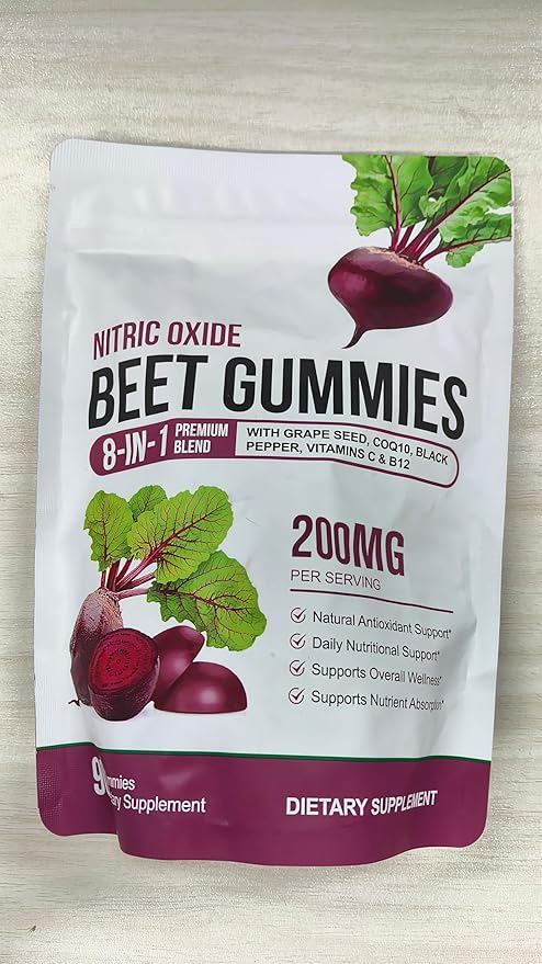 Beet Root Gummies 200mg - 8-in-1 Heart & Circulation Support Supplement - High Potency Beet Chews with Beetroot, Grape Seed, CoQ10, Vitamin C & B12 - Mixed Berry Flavor, Vegan, 90 Count