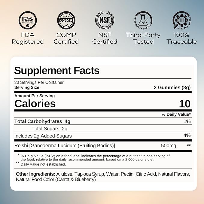 Serenity Reishi Mushroom Gummies for Adults - 500mg Whole Fruiting Body Extract - Sleep Gummies for Adults and Kids - Vegan, Gluten-Free - Stress Relief, Relaxation - Elderberry Kiss, 60 Count