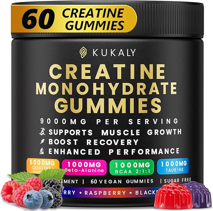 Creatine Monohydrate Gummies for Men & Women, Creatine Gummies Sugar Free, Mixed Flavored with L-Taurine, BCAA 2:1, B12 B6 for Boost Strength, Focus & Endurance, Vegan, Non-GMO, 60pcs