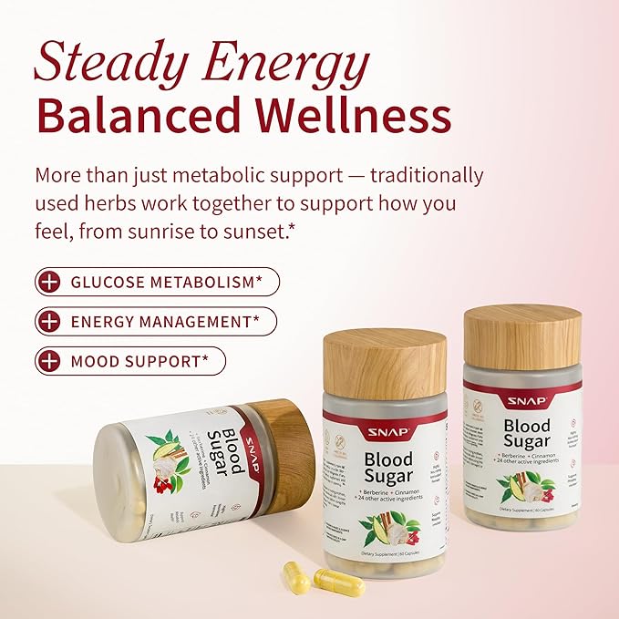 Snap Supplements Blood Sugar Blend with Berberine, CoQ10, Cinnamon, and Gymnema to Support Already Healthy Blood Sugar, Metabolic Health and Energy, Sugar Free, 60 Capsules 2-Pack (Packaging May Vary)