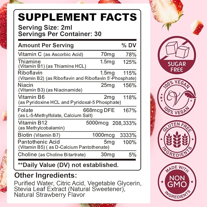 CFILIHTC Vitamin B Complex Liquid Drops, B Vitamins Complex Supplement with B1, B2, B3, B5 B6, B7, B9 & Methyl B12 Drops for Adults & Kids, Vegan, Strawberry Flavor