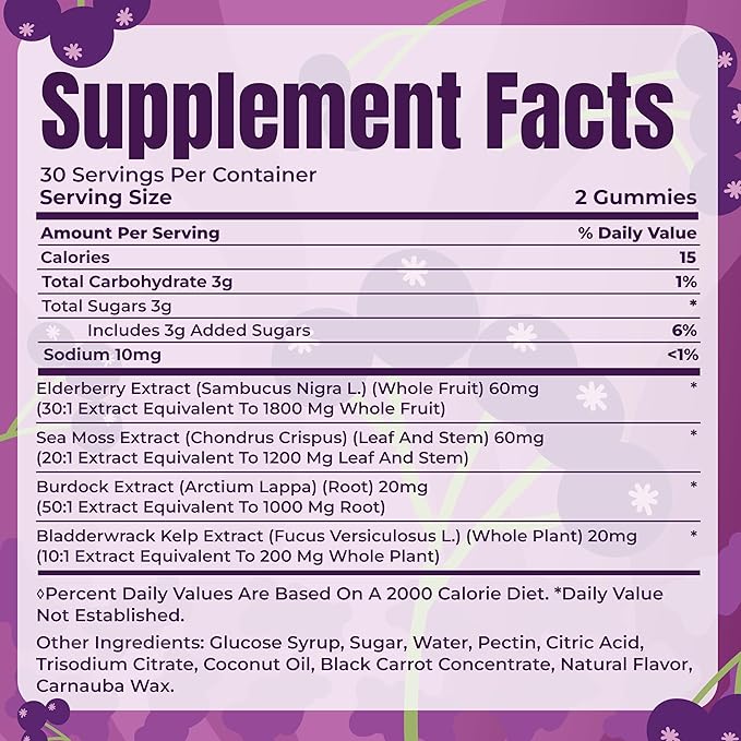 TrueSeaMoss Sea Moss Elderberry Gummies for Adults & Kids – with Burdock Root, Bladderwrack – 60 Gummies (Pouch May Vary)