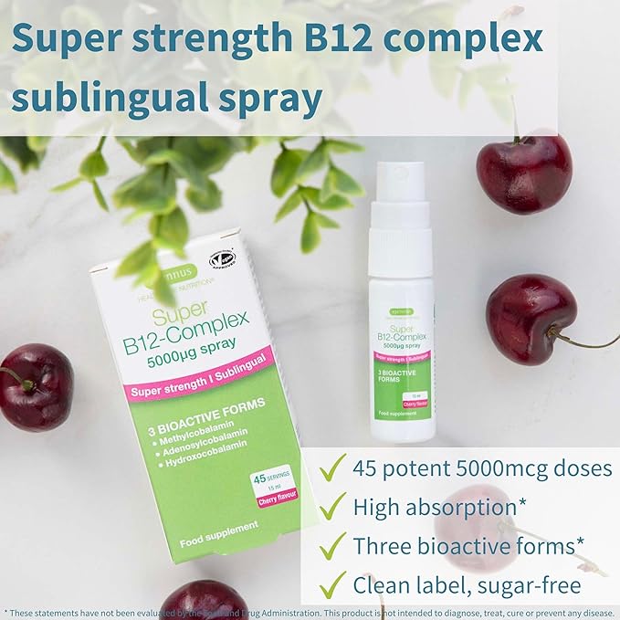 Igennus Triple Vitamin B12 Complex 5000mcg, Liquid Sublingual Spray, 45 Servings, Methylated Methylcobalamin, Adenosylcobalamin & Hydroxocobalamin, High Strength & Clean, Natural Cherry Flavor, Vegan