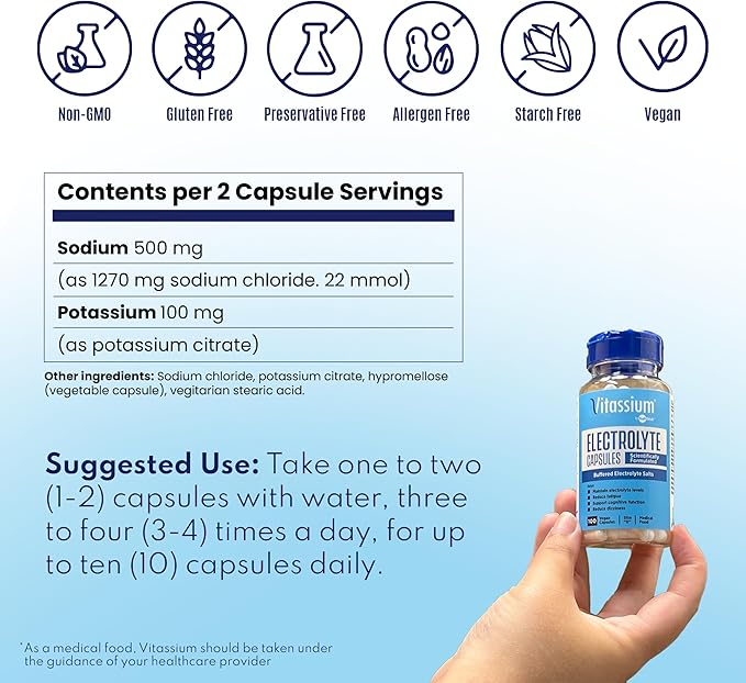 Vitassium Electrolyte Capsules, Electrolytes for The Management of POTS and High Sodium Diets (500mg Sodium - 100mg Potassium), Unflavored, 200 Salt Pills (Size 0)