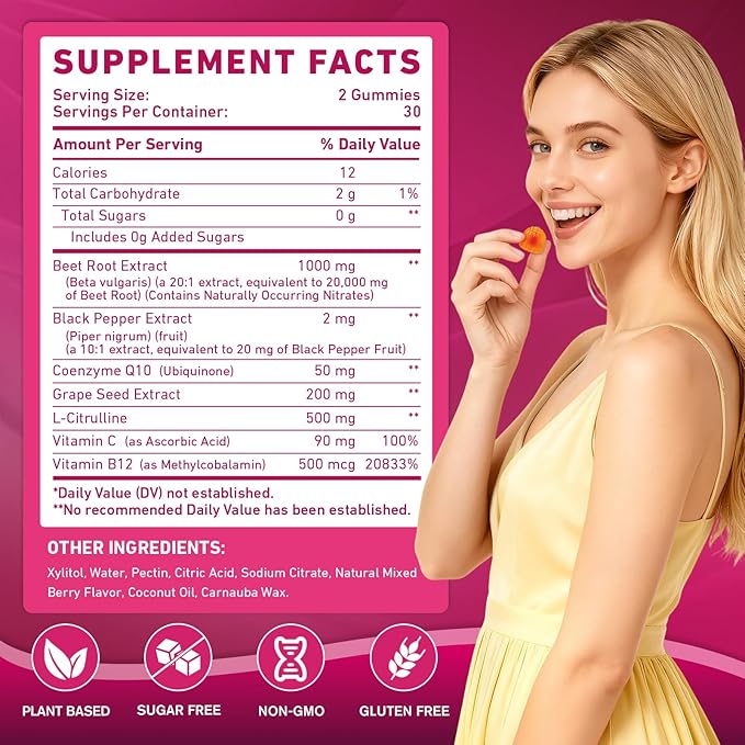 Beetroot Gummies - Beet Root for High Blood Pressure Supplements with Grape Seed Extract + CoQ10 + Black Pepper Extract + L-Citrulline + Vitamin C B12 Ultimate Heart for Blood Flow & Energy, 60 Count