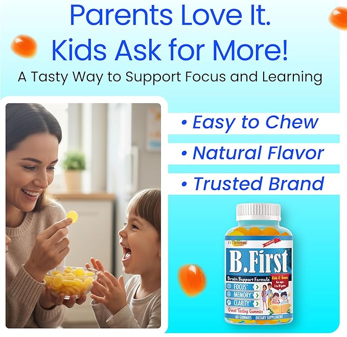 B.First Focus Gummies for Kids & Teens | Kids Focus and Attention Supplements with Omega 3 DHA – Memory Vitamins for Concentration, Mental Clarity & Cognitive Support-60ct
