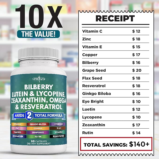 NEW AGE Eye Health Vitamins with Bilberry 300mg Lutein & Zeaxanthin 40mg Lycopene 40mg Resveratrol 100mg Grape Seed Extract 200mg Astaxanthin - Eye Vitamin -120 Count