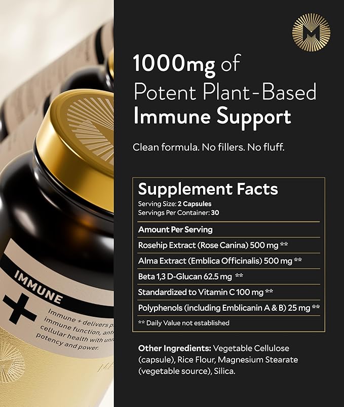 Manna Immune+ Capsules | 500mg Amla Extract & 500mg Rosehip Extract | Vitamin C Supplement for Immune Boost, Antioxidants, Heart Health, Digestion & Immune System Support | For Daily Use | 60 Count
