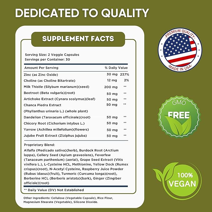 Liver Support - Natural Milk Thistle and Zinc Supplement - Helps Detox and Cleanse The Liver, Supports Digestive Health and Detoxification - 60 Veggie Capsules (30 Days Supply)