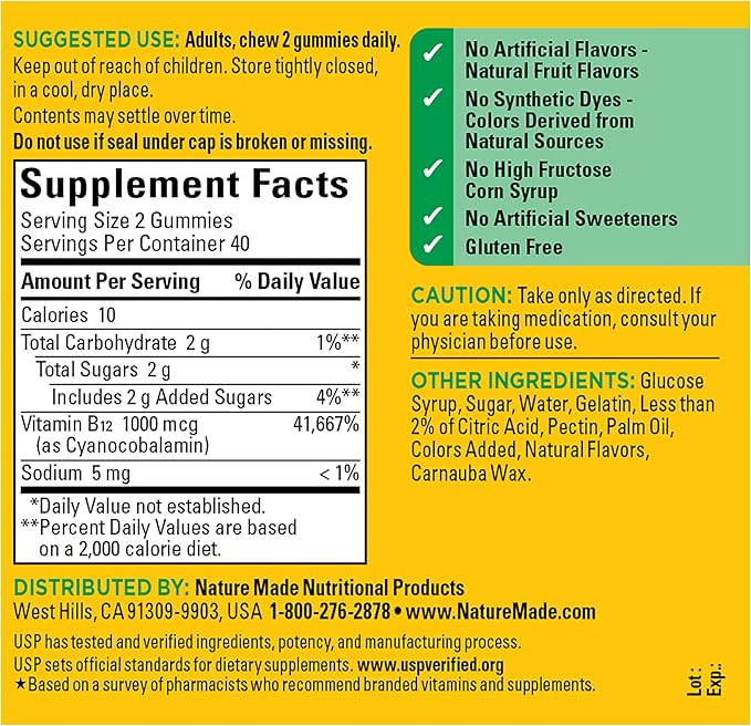 Nature Made Vitamin B12 Gummies 1000 mcg per serving, Dietary Supplement for Energy Metabolism Support, B12 Vitamins, 80 Gummy Vitamins, 40 Day Supply
