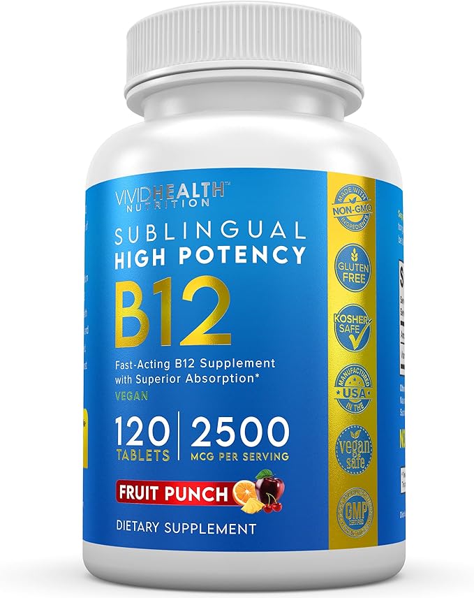 Energy Boosting Vitamin B12 Sublingual | Quick Dissolve Vegan B-12 with Methylcobalamin for Metabolic & Brain Support, 120 Fruit Punch Tablets