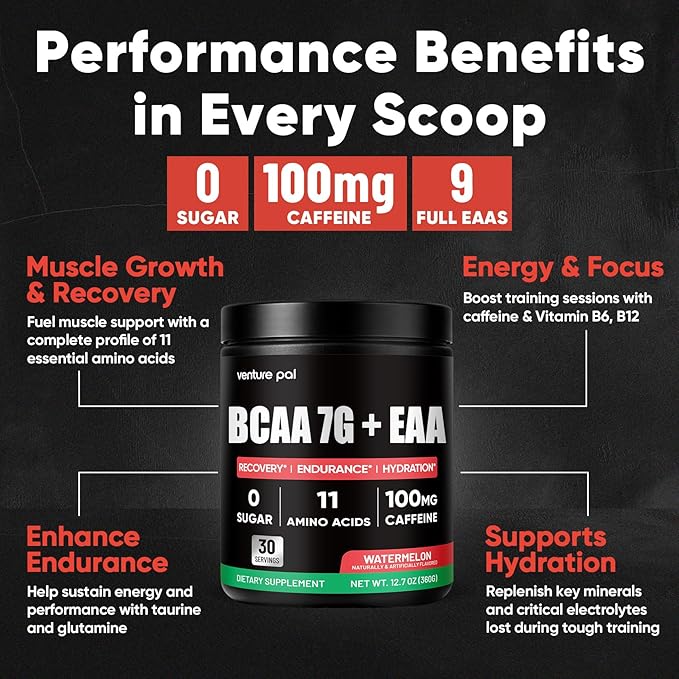 Sugar Free 7g BCAA + EAA Powder | Supports Muscle Recovery, Growth, Strength & Endurance – 9 Essential Amino Acids with L-Glutamine, Caffeine, Vitamin & Electrolyte for Energy & Hydration, Gluten Free