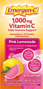 Emergen-C 1000mg Vitamin C Immune Support Powder Pink Lemonade 30CT includes Zinc, Manganese, 7 B Vitamins and Electrolytes for Back to School Essentials