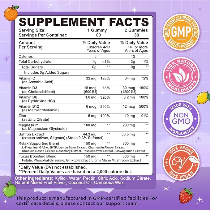 Saffron Gummies for Kids & Adults, 20-in-1 Saffron Supplements with 88.5mg Saffron Extract, B6, B12, C, D3, Magnesium for Calm, Focus, Nerve, Sugar Free, Vegan, Non-GMO - Mixed Fruit Flavor, 60 Counts