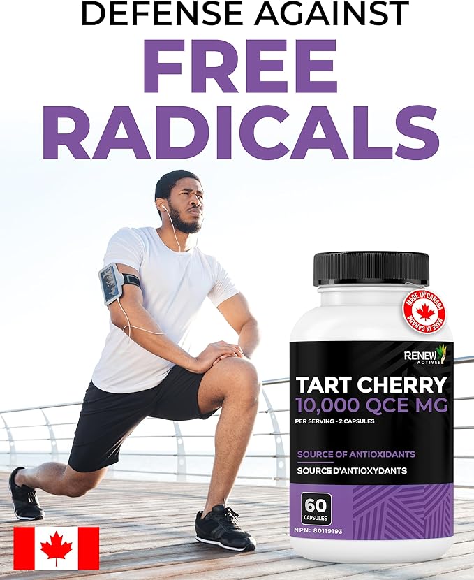 Renew Actives Tart Cherry Extra 500mg per 2 Capsules – High-Potency Antioxidant for Free Radical Protection & Wellness – 60 Easy-to-Swallow Capsules – Made in Canada