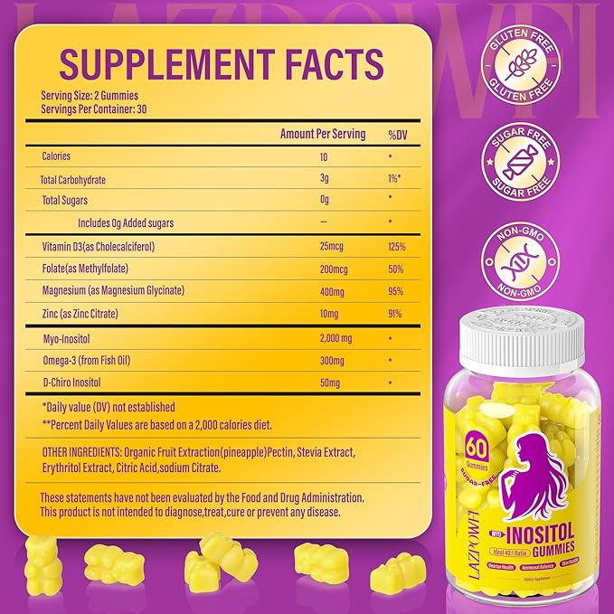 Myo-Inositol & D-Chiro Inositol,Inositol Gummies with Vitamin D3, Magnesium Glycinate, Omega-3, Folate & Zinc, Inositol Supplement Menstrual Cycle for Women-40:1 Ratio-30 Day Supply