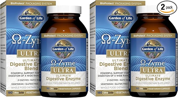 Garden of Life 21 Powerful Digestive Enzymes- Papain, Bromelain,Lipase,Ginger,Turmeric for-Complete Digestion of Protein,Carbs & Fats-Omega-Zyme Ultra, Gluten-Free,Vegetarian,180 Capsules,(Pack of 2)
