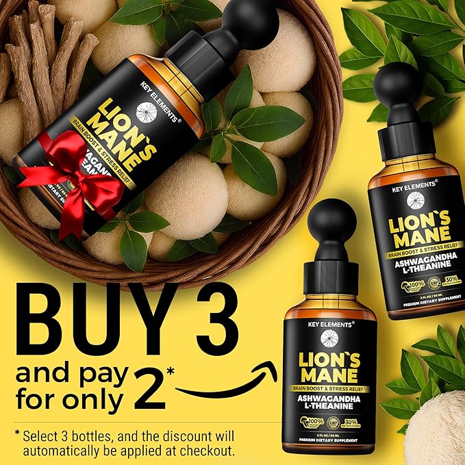 KEY ELEMENTS Smart Lions Mane Extract for Memory, Focus & Brain Health - Lions Mane Tincture with Ashwagandha and L Theanine - Liquid Lion's Mane Nootropic Mushroom Supplement - 2 Month Supply