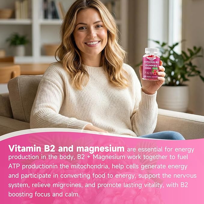 Vitamin B2 Gummies Riboflavin 400mg Supplement with Magnesium for Kids & Adults B2 Gummies for Nervous System Support & Skin Health, Sugar-Free, Raspberry Flavor, 60 Count