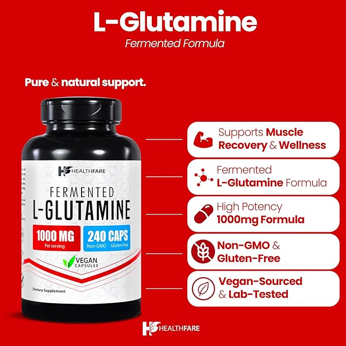 HealthFare L Glutamine 1000mg | 240 Vegan Capsules | Extra Strength Amino Acid Supplement | Supports Digestive Balance, Nutrient Absorption & Muscle Recovery | Non-GMO, Gluten-Free | Made in USA