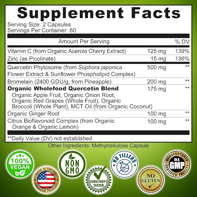 Quercetin with Bromelain Vitamin C and Zinc Enriched with Organic Whole Foods - 1215mg per Serving - Quercetin Phytosome 500mg Capsules with Ginger and Flavonoids for Immune Support - 120 count