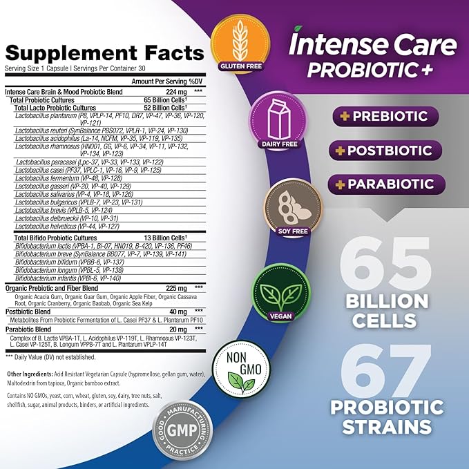 Vital Planet - Intense Care Brain & Mood Probiotics, Organic Prebiotics, Postbiotics, Parabiotics, Complete 4-in-1 Health Supplement for Adults, 65 Billion CFU, 67 Strains, Digestive and Immune 30 ct