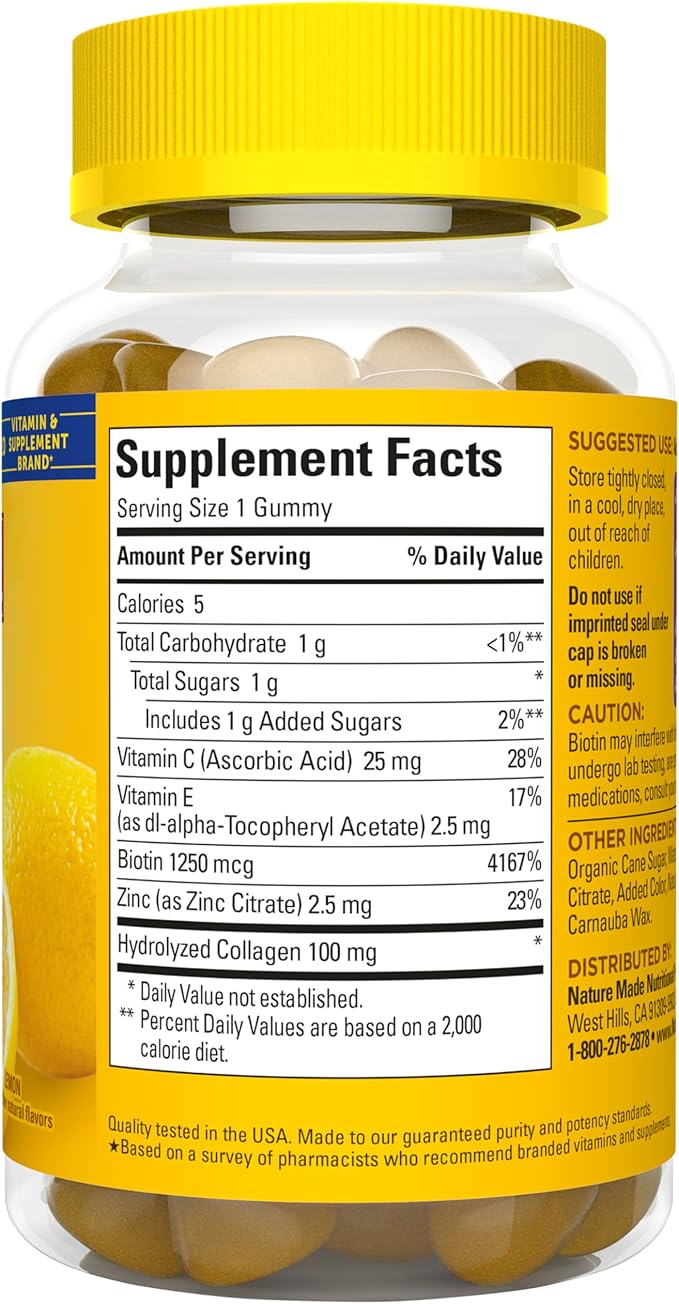 Nature Made Collagen Gummies with Vitamin C, Zinc, Biotin, Hydrolyzed Collagen Peptides for Women and Men, Healthy Skin Support Supplement, 60 Gummies, 60 Day Supply