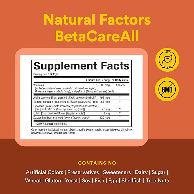Natural Factors BetaCareAll 15,000 mcg - Mixed Carotenoid Supplement - Supports Healthy Skin, Hair, Eyes & Teeth - Provides Immune Support - Antioxidants & Vitamin A - 90 Softgels (90 Servings)
