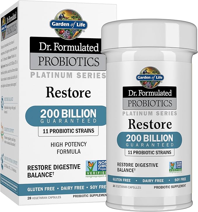 Garden of Life Dr. Formulated Probiotics Platinum Series Restore 200 Billion CFU Guaranteed, High Potency Probiotic Formula, Vegan, Non-GMO, Gluten Dairy Free Digestive Immune Support, 28 Capsules
