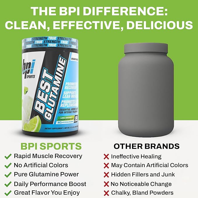 BPI Sports Best Glutamine Supplement, L Glutamine Powder for Gut Health, Muscle Recovery and Immune Support – 6 Advanced Glutamine Types + Vitamin C – 50 Servings – Lime Sherbet Flavor