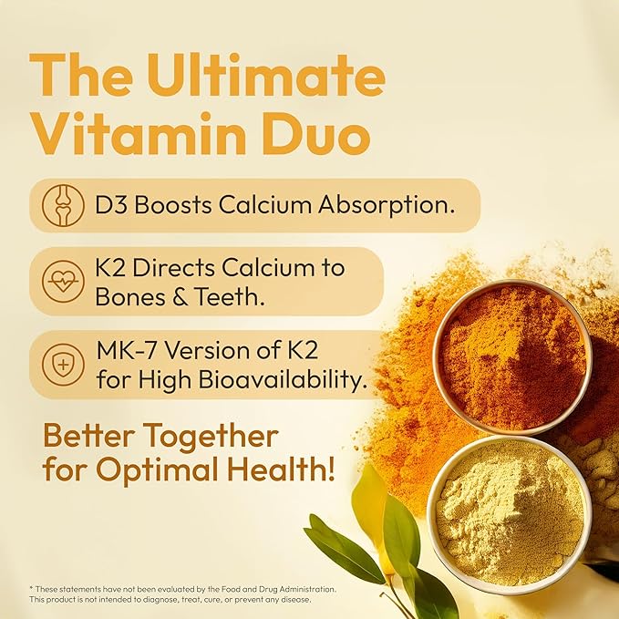 Vitamin D3 K2 5000 IU with MK7 (180 mcg) | Natural Supplement for Bone Strength, Heart Health, and Immune Support | Vegan Capsule | 60 Servings