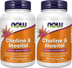 NOW Foods Supplements, Choline & Inositol 500 mg, Healthy Nerve Transmission*, Nervous System Health*, 100 Capsules (Pack of 2)