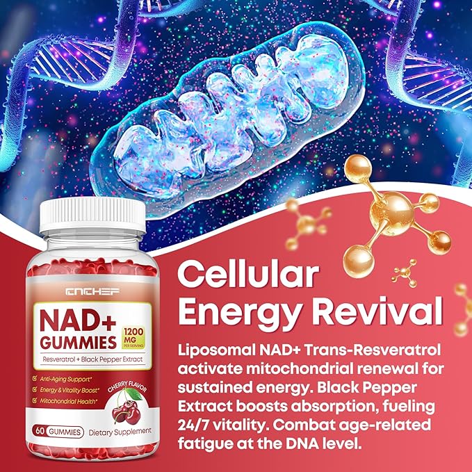 NAD+ Gummies, 1200mg Liposomal NAD Supplement for Women & Men with Trans-Resveratrol & Black Pepper Extract Anti-Aging Supplement, Brain & Cellular Mitochondrial Health - 60 Gummies Cherry