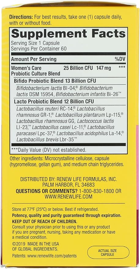Renew Life Women's Probiotic Capsules, Supports pH Balance for Women, Vaginal, Urinary, Digestive and Immune Health, L. Rhamnosus GG, Dairy, Soy and Gluten-Free, 25 Billion CFU - 60 Ct