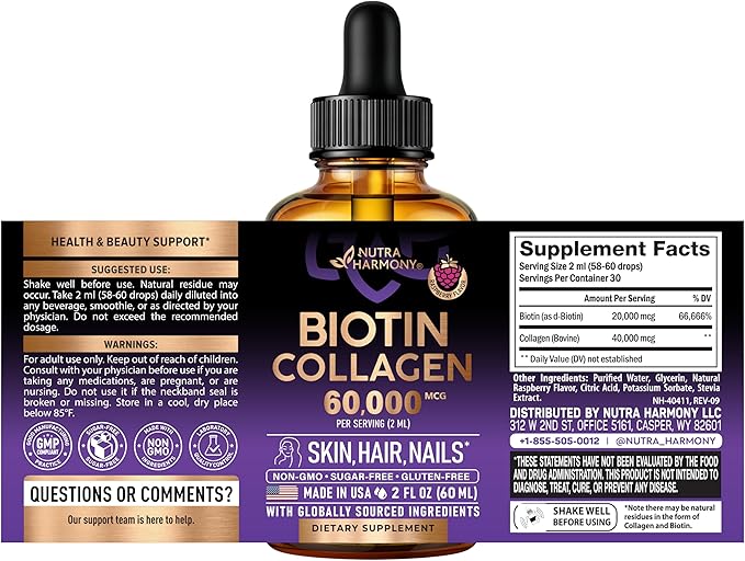 Liquid Biotin & Collagen 60,000 mcg - Vitamins for Hair Growth Support - Extra Strength Drops for Women & Men - Liquid Collagen Supplement - Strong Nails & Healthy Skin - Made in USA - 2 Fl Oz
