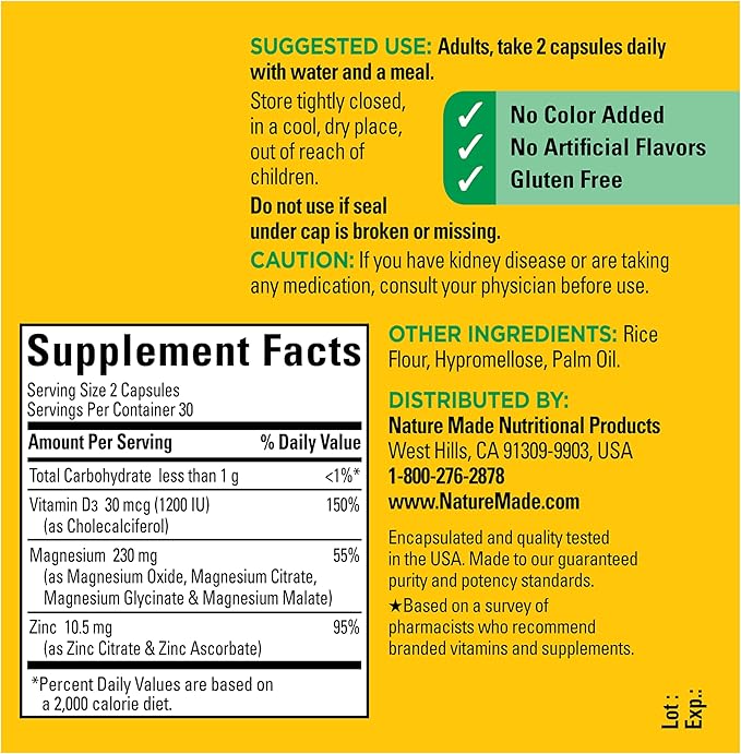 Nature Made Magnesium Complex Supplement with Vitamin D & Zinc for Immune Support, Magnesium Glycinate, Malate, Citrate & Oxide for Muscle, Nerve, Heart & Bone Support, 60 Capsules, 30 Day Supply
