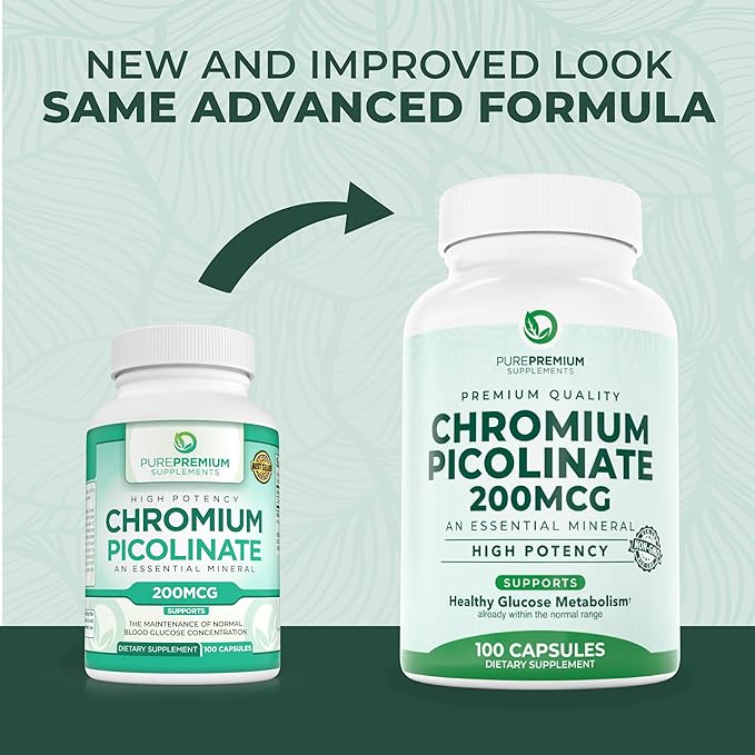 PurePremium Chromium Picolinate 200mcg - High Potency Chromium Supplements - Essential Mineral Health Support for Men/Women - Gluten-Free - 3 Months Supply - 100 Capsules