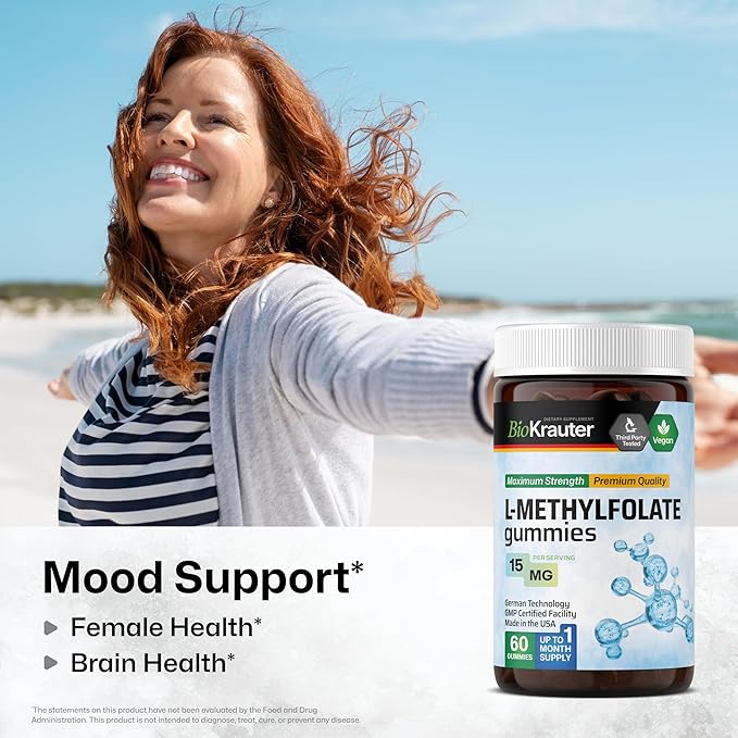 BIO KRAUTER® L Methylfolate Gummies for Folic Support - Folic Acid Gummies (Vitamin B9) MTHF Supplement for Mood Support - Folate Supplement 15 mg L-Methylfolate per Serving, 60 Vegan Gummies
