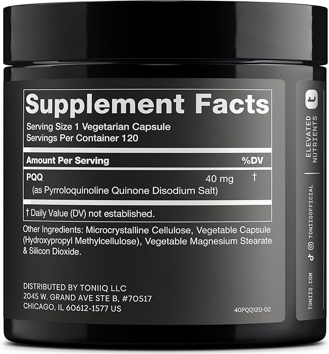 Toniiq 99%+ 40mg Supplement - Ultra High Purity PQQ 40mg Concentrated Formula - PQQ 40 mg 120 Capsules - Pyrroloquinoline Quinone Supplement - 1 Capsule Serving - Vegetarian Capsules