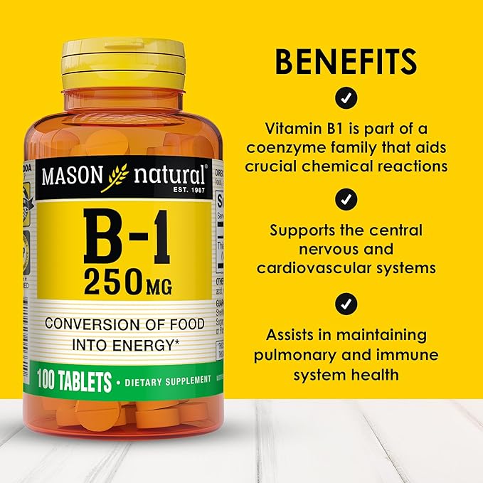 MASON NATURAL Vitamin B,1 Thiamine 250 mg, 100 Day Supply Dietary Supplement, Easy,to,Swallow Tablets, Support Energy Production & Healthy Metabolism
