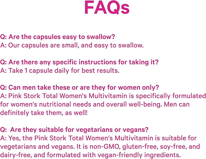 Pink Stork Total Women's Multivitamin - 19 Essential Vitamins for Women & Nutrients – Energy, Metabolism, Hormone, Immune & Mood Support – B6, B12, Biotin, Iron & Zinc – 30 Capsules