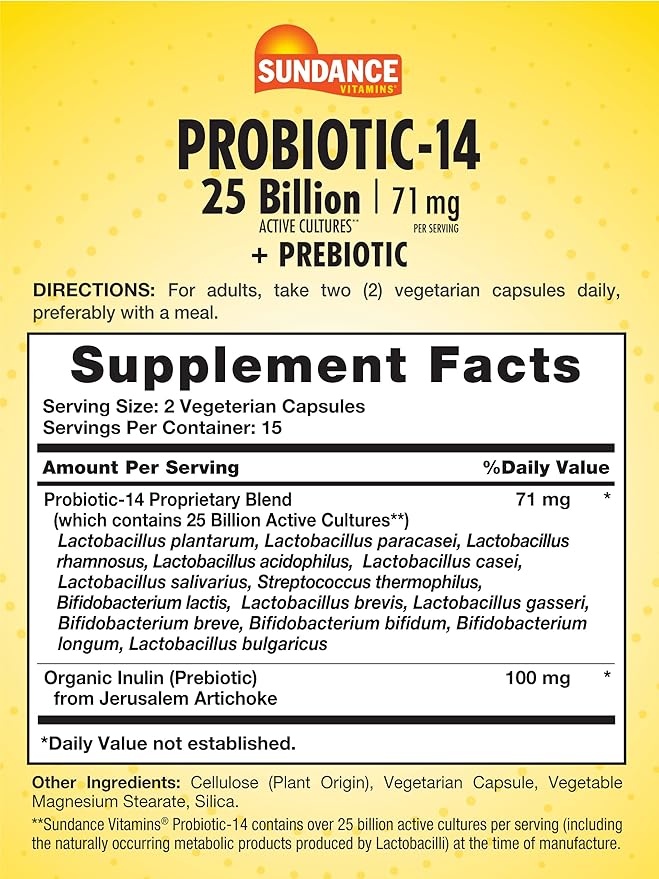 Sundance Probiotic-14 | 25 Billion Cultures | 30 Capsules | with Prebiotics | Vegetarian, Non-GMO, and Gluten Free Supplement