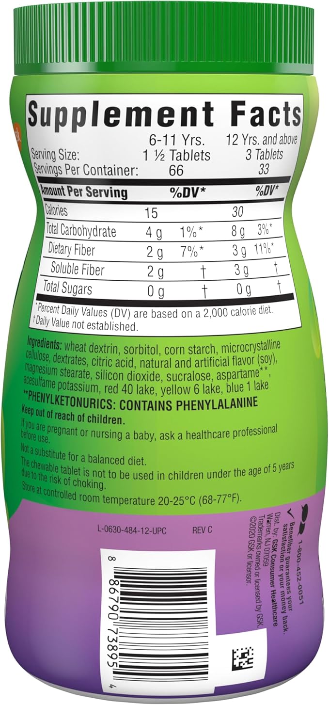 Benefiber Chewable Prebiotic GLP-1 Friendly Fiber Supplement Tablets for Digestive Health, Assorted Fruit Flavors - 100 Count (Pack of 12)