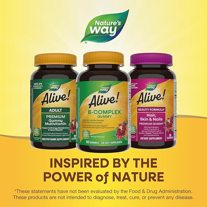 Nature's Way Alive! Vitamin B Complex Gummies, Cellular Energy Support*, 8 B-Vitamins, Vegetarian, Mango Flavored, 60 Count (Packaging May Vary)