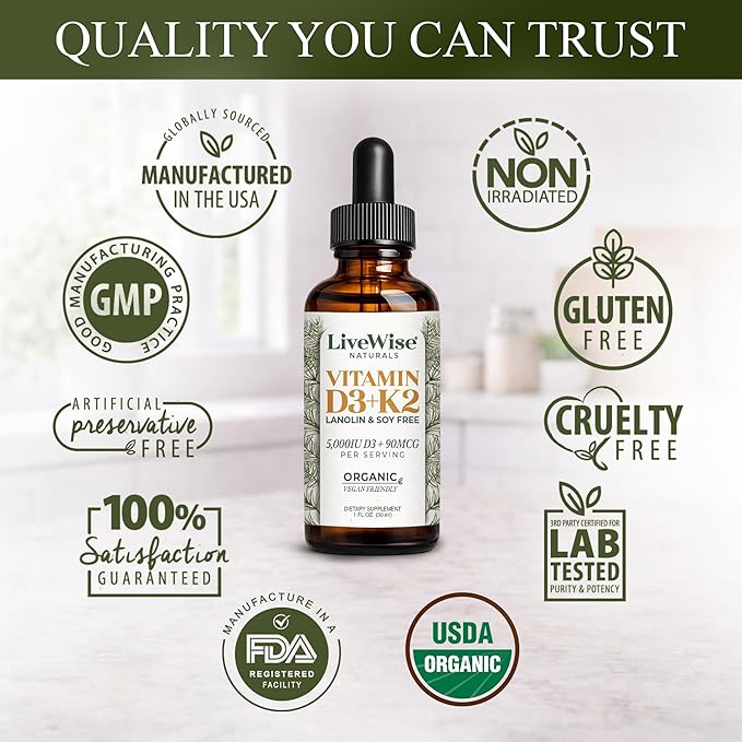 Vegan D3 K2 Vitamin 5000 IU, 90 MCG (MK-7) Drops - 60 Servings, Ultra Concentrated Formulation, and Fast Absorption - Precision Micro-Dosing Dropper for Cognitive & Immune Support