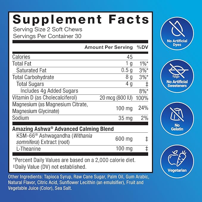 Force Factor Amazing Ashwa Complete Calm Support, KSM-66 Ashwagandha, Like Ashwangandha Gummies to Promote Calm & Relaxation with Magnesium & L-Theanine, Blueberry Pomegranate, 180 Soft Chews, 3-Pack