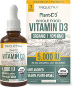 Plant-D3 Organic Vitamin D3 5000 IU - Vegan, Max Strength Sublingual Liquid D3 Drops - 200% Higher Absorption - 100% Plant-Based Cholecalciferol Form - Adjustable Dosing for All Ages (1oz Liquid)