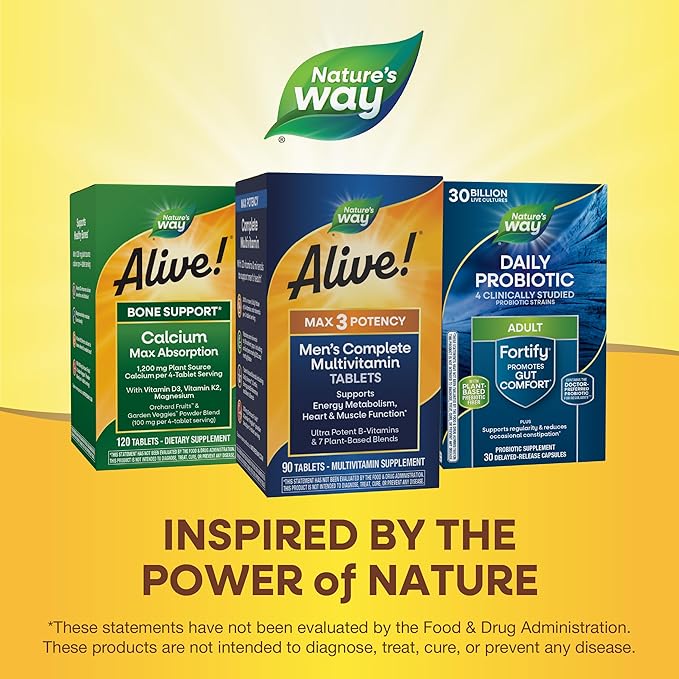 Nature's Way Alive! Men’s Max3 Potency Multivitamins, Supports Energy Metabolism*, Heart & Muscle Function*, with Methylated B12 and Folate, Gluten-Free, 90 Tablets, (Pack of 2)