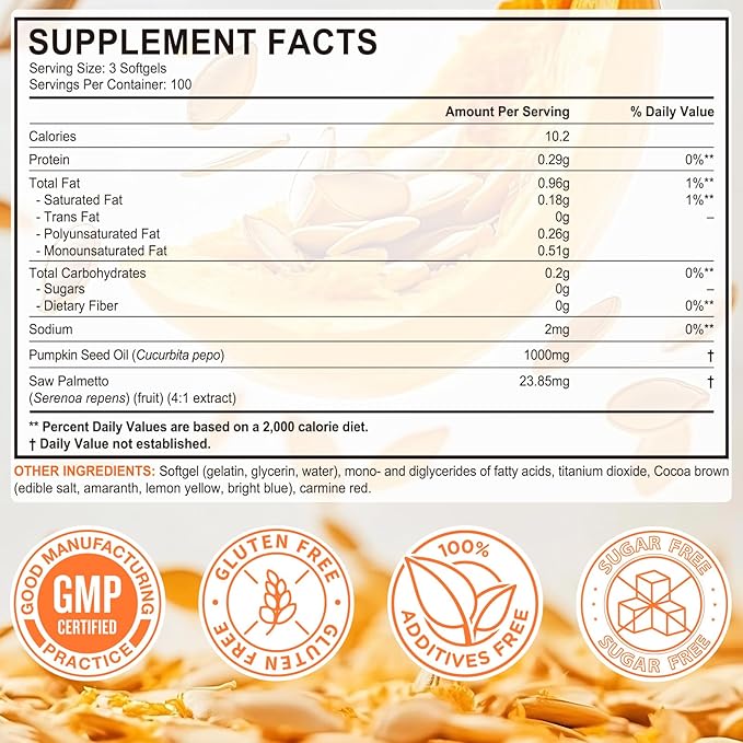 Pumpkin Seed Oil with Saw Palmetto 2-in-1 Formula 300 Softgels, Cold Pressed, Pure Virgin Oil, Supports Hair, Urinary, Bladder & Prostate Health, Non-GMO