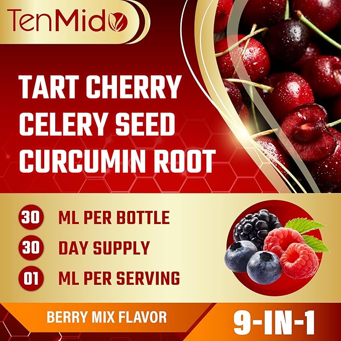 Tart Cherry Extract Liquid Drops - 9in1 with Celery Seed, Curcumin, Yucca Root, Boswellia, Chamomile, Milk Thistle, Ginger, and Citrus Limon - Vegan, Non-GMO - 30ml 1 Fl Oz